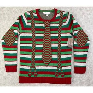 New Ugly Christmas Sweater Men's M Tie Suspenders Striped Unisex Holiday Party